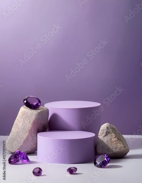 Obraz Pale lilac empty podiums on pale lilac background with amethyst gemstones. Generated image