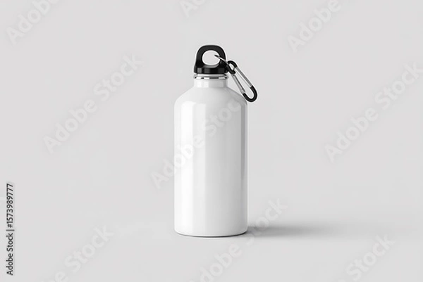 Obraz Blank White Aluminum Water Bottle with Carabiner, Minimalist Studio Shot, Hydration Product Mockup