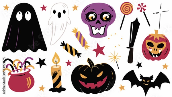 Fototapeta A spooky Halloween vector set featuring cartoon pumpkins, bats, ghosts, and witch icons perfect for autumn holiday designs