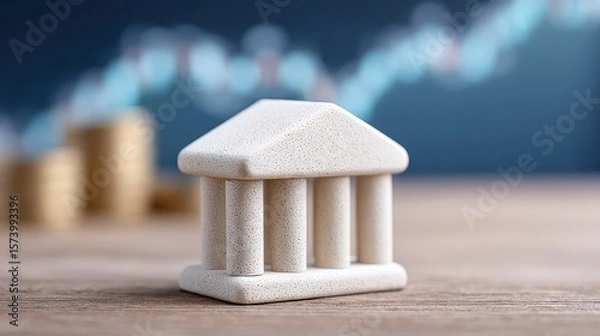 Obraz A bank model on the table with stock market background, symbolizing the use of monetary policy, financial regulation.
