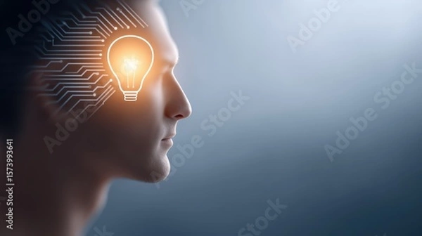 Obraz A person thinking differently, with unique ideas and a shining light bulb, highlighting creativity, originality, and breakthrough insights.