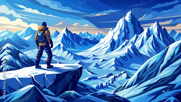 Fototapeta Panoramic view of mountaineer standing on snowy mountain peak, alpine landscape vector, adventure scene, success concept, winter nature, climbing, outdoor exploration, breathtaking summit view