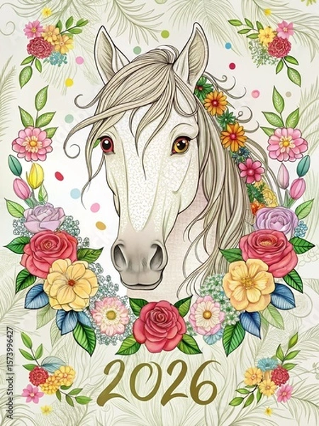 Obraz 2026 Cute Horse Line Art – Floral Outline Clipart, Ultra Detailed Grid Pattern | Printable for Calendars, Notebooks, Commercial Use