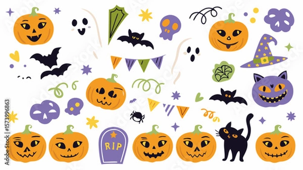 Fototapeta A cute, spooky Halloween seamless pattern features cartoon pumpkins, bats, and ghosts, perfect for an autumn holiday celebration design