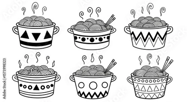 Fototapeta Collection of Decorative Noodle Pots with Geometric Patterns