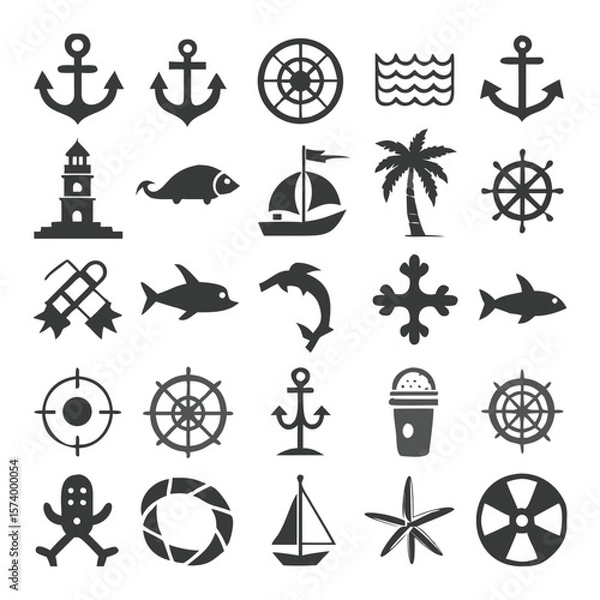 Fototapeta Collection of nautical and seaside icons and symbols in a simple flat design style