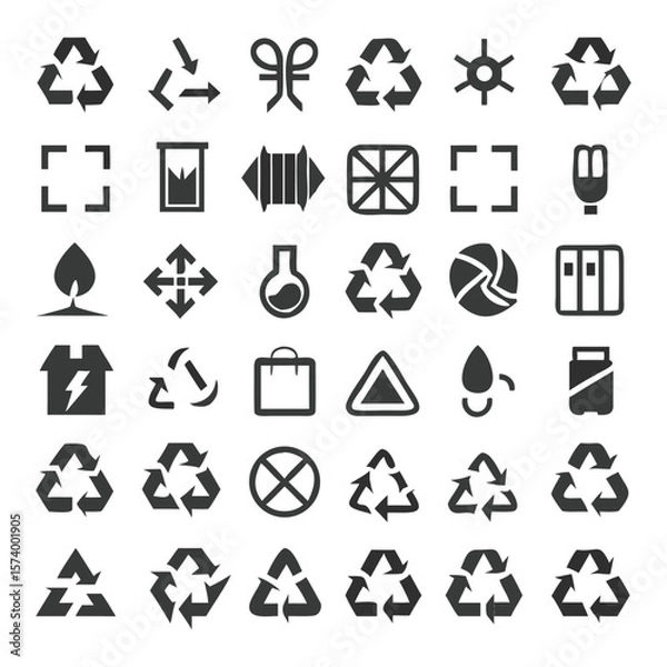 Fototapeta Collection of various recycling and eco-friendly symbols in minimalist black and white style
