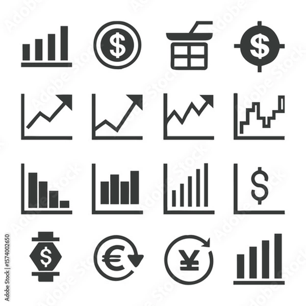 Fototapeta Financial icons and growth charts depicting currency and market analysis for business concepts