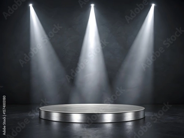 Obraz Empty silver stage podium illuminated by three bright spotlights in a dark room