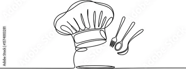 Fototapeta Chef's hat and utensils in single line art style with light and shadows on a white background scene