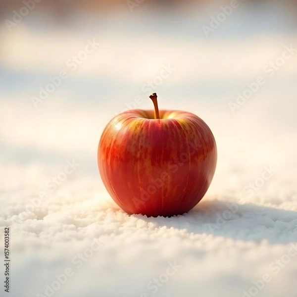 Fototapeta Close-up of a vibrant red apple sitting on snow with soft, natural lighting.