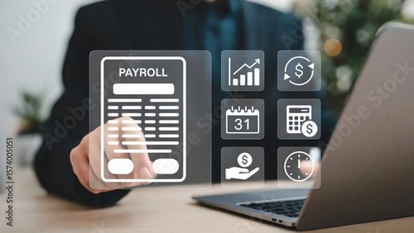 Fototapeta Person touching payroll icons on laptop for efficient business operations
