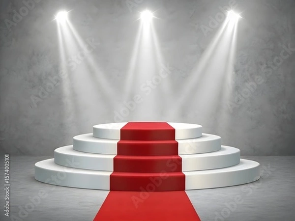 Obraz Empty multi tiered white podium with red carpet and spotlights on concrete background