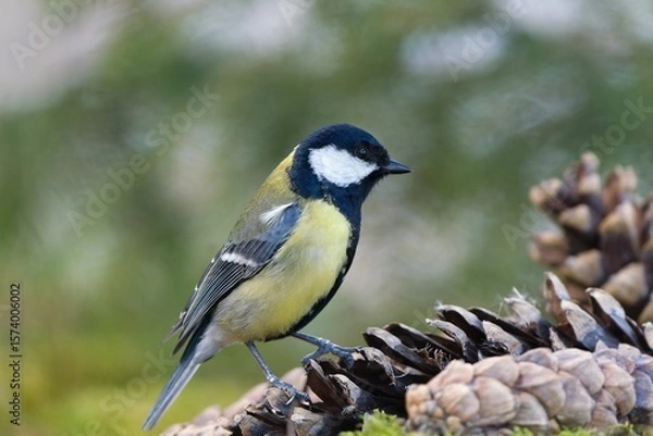 Fototapeta A great tit sits on a nice cone. Parus major. A titmouse in the nature habitat.