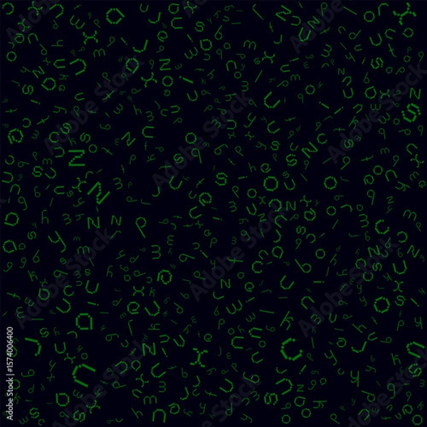 Fototapeta Pixel pattern made of scattered letters in minimalist style. Retro digital texture for backgrounds and designs. Pixel art vector.