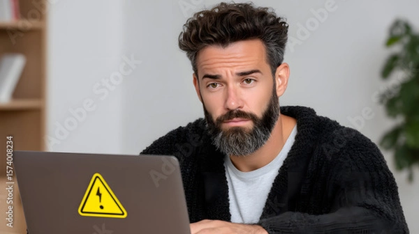Fototapeta Digital Distress: A man grapples with a digital dilemma, a warning sign highlighting the challenges of the digital landscape. His face, etched with concern, reflects the struggle.