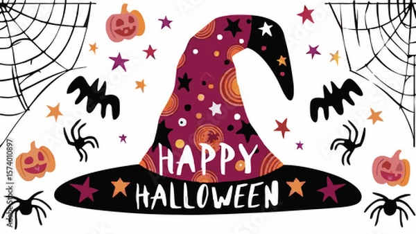 Fototapeta Vector illustration of a dark Halloween night with moon, tree, and bird silhouettes, perfect for holiday card design