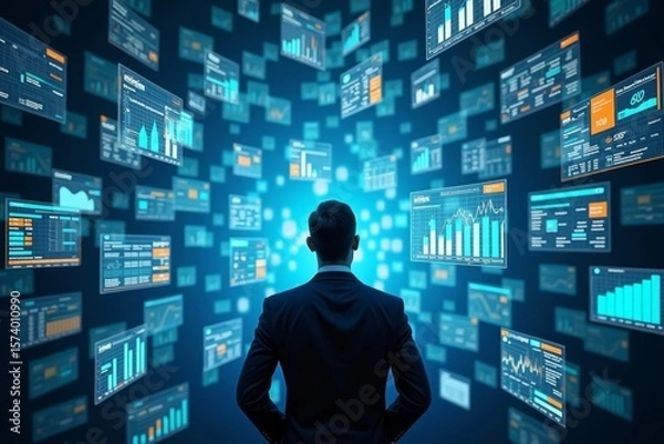 Fototapeta Businessman Engulfed in Virtual Analytics Screens Showing Real-Time Data and Interactive Dashboard Technology.