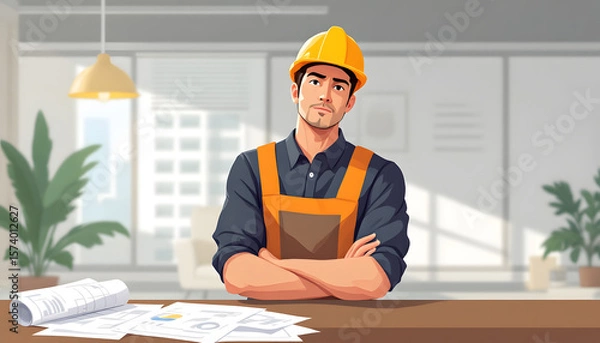 Fototapeta Confident Construction Worker in Orange Overalls Standing with Blueprints in Light Modern Office