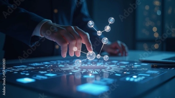 Obraz A person connects floating flowchart nodes on a table with strategy tools, illuminated by glowing UI overlays, for business strategy.