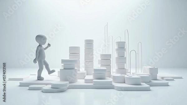Obraz 3D scene: person balancing strategy elements in a futuristic digital hub, illuminated by studio lighting. Business strategy concept.