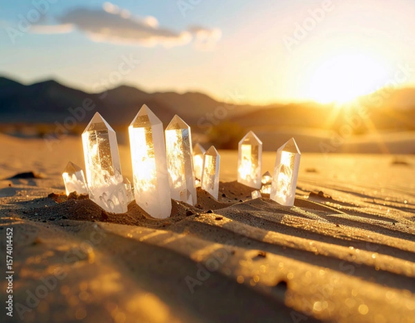 Fototapeta Surreal desert scene with crystal structures rising from sand, golden hour lighting, 