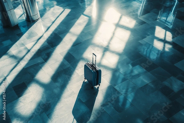 Obraz Lonely Suitcase in Sunlit Airport Hall. Single suitcase standing on a polished airport floor with dramatic sunlight and long shadows, symbolizing travel and solitude.