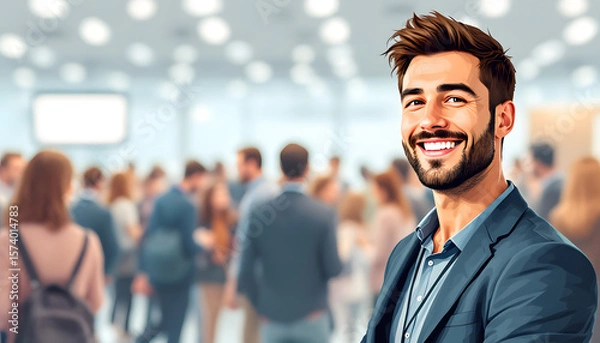 Fototapeta Smiling Young Man in Blue Blazer at Crowded Conference Event
