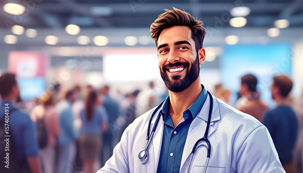 Fototapeta Smiling Doctor Wearing White Coat Standing in Busy Convention Center
