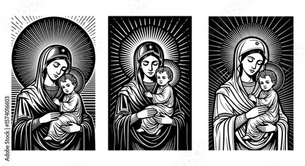 Fototapeta Black and White Madonna and Child, Religious Icon, Detailed Engraving Style