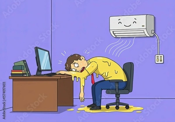 Obraz A man melting from heat at his desk with a happy air conditioner providing relief in an office environment. Dealing with extreme summer heat and cooling.