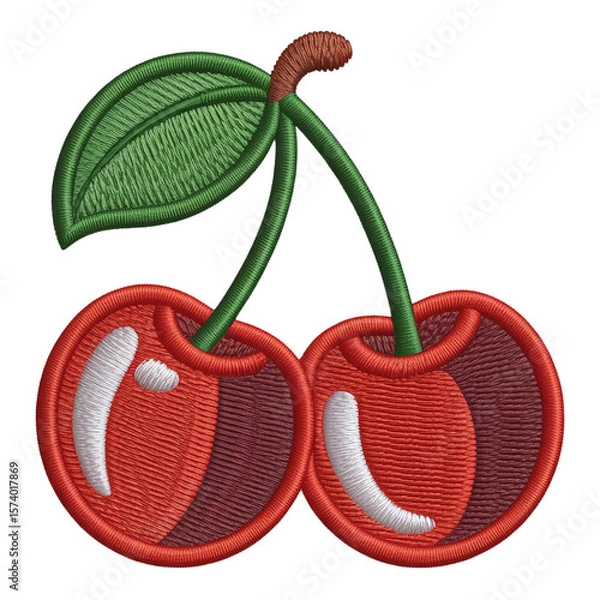 Fototapeta Embroidered Red Cherries with Green Leaf cherry fruit