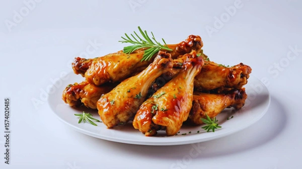 Obraz Half-cooked chicken wings seasoned with fresh herbs, elegantly presented on a white plate. Juicy and raw-in-style poultry preparation ideal for cooking blogs, food prep tutorials, recipe content