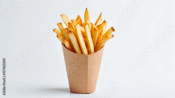 Obraz Freshly fried golden French fries served in a rustic paper cone container, isolated on a clean white background. Perfect for fast food branding, snack packaging, food delivery promotions