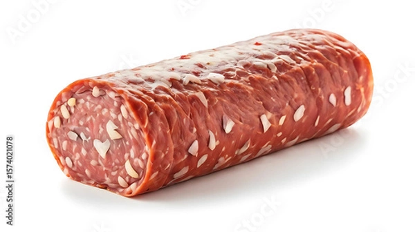 Obraz Salame Napoli sausage isolated on a clean white background. Authentic Italian cured meat with visible marbling and rustic texture, ideal for charcuterie boards, deli packaging, food photography