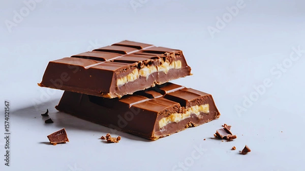 Obraz Two halves of a crispy chocolate bar broken cleanly and beautifully presented on a white background. Rich milk chocolate with crunchy layers, ideal for dessert visuals, candy branding