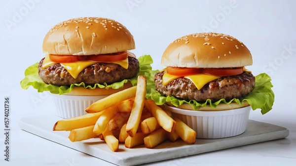 Obraz Two classic cheeseburgers stacked with lettuce, tomato, onions, melted cheese, and juicy beef patties in sesame seed buns, served with crispy golden French fries in a white container. 