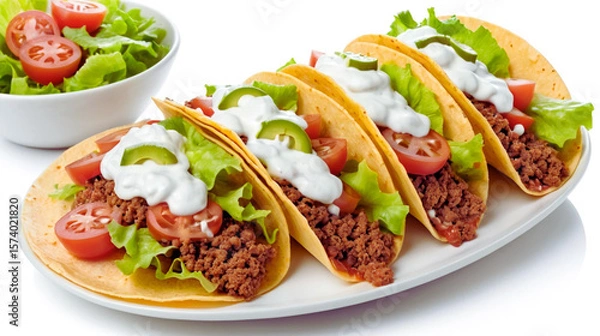 Obraz Delicious taco filled with seasoned ground beef, fresh lettuce, diced tomatoes, and a dollop of sour cream, isolated on a clean white background. Classic Mexican street food perfect for menus
