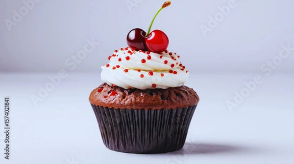 Obraz Delicious cupcake topped with a bright red cherry, isolated on a clean white background. Sweet dessert with creamy frosting and elegant decoration—perfect for bakery branding, menu design