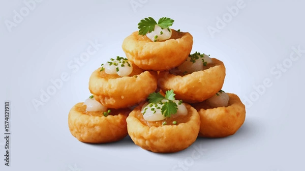 Obraz AI-generated image of Golgappa (also known as Pani Puri), the popular Indian street food, isolated on a white background in PNG format. Crisp puris filled with spiced potato, tangy water, and chutney
