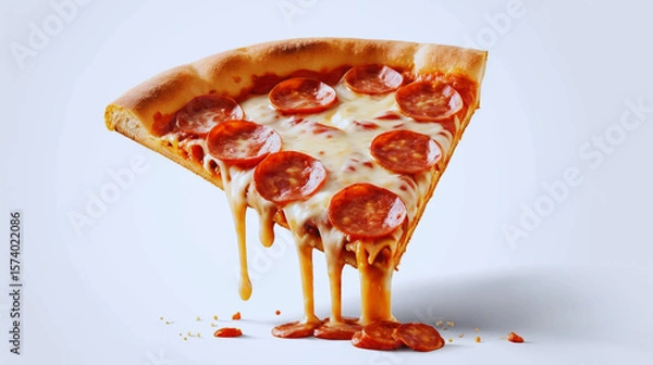 Obraz Delicious slice of pepperoni pizza with gooey melted cheese stretching, isolated on a clean white background. Classic cheesy pizza slice with spicy pepperoni, perfect for menu designs, food delivery 