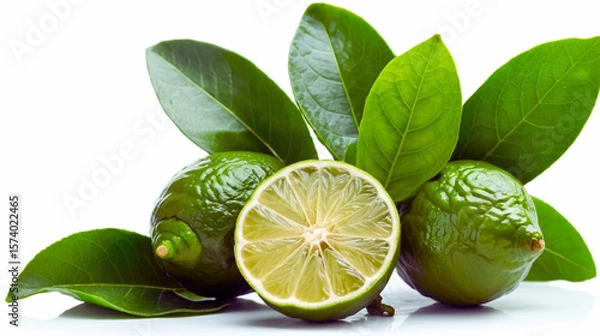 Obraz Fresh Kaffir lime with vibrant green leaves isolated on a white background. Highly detailed studio shot showcasing the textured rind and glossy foliage—ideal for culinary visuals, herbal product