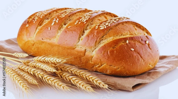 Obraz "Tasty, well-baked artisan bread resting on parchment paper with golden wheat stalks beside it. Rustic and wholesome bakery scene perfect for recipe blogs, organic product packaging, farm-to-table 