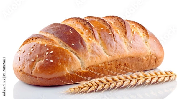 Obraz Tasty artisan bread with golden wheat stalks isolated on a white background. Freshly baked loaf symbolizing natural ingredients, farm-to-table goodness, and rustic bakery charm