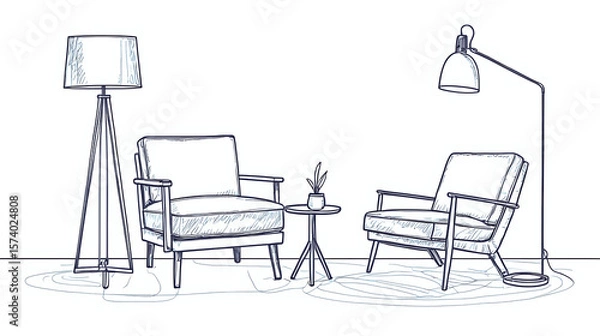 Obraz One continuous single-line drawing of a reading chair with a floor lamp. Minimalist hand-drawn contour style, flat doodle illustration of illuminated furniture. Isolated on white background, original 