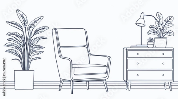 Obraz Continuous one-line drawing of an armchair, dresser, and home plant. Minimalist and stylish Scandinavian interior furniture design in hand-drawn vector style, isolated on white background. 