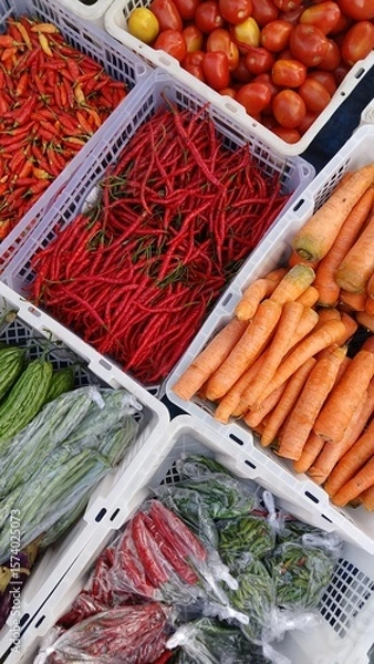 Fototapeta Various kinds of colorful fresh vegetables in plastic boxes sell at traditional market.