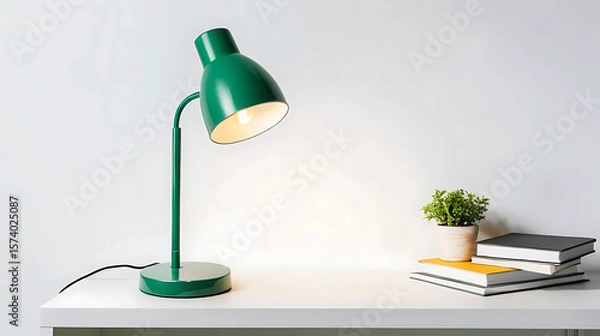 Obraz Modern green desk lamp in minimalist style, studio shot on white background. Sleek and contemporary lighting design perfect for home offices, workspaces, and study desks. Functional, stylish