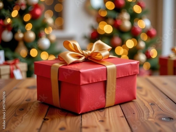 Fototapeta Red gift box with golden ribbon on wooden table during Christmas  