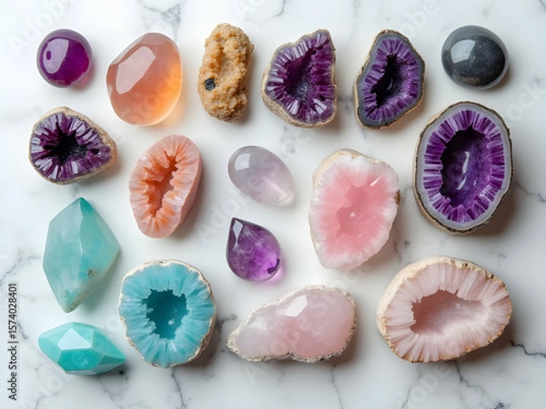 Fototapeta Top Down View of Assorted Semi Precious Geode and Crystal Specimens on White Marble Background Featuring Pink Purple Orange and Aqua Colors